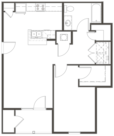 Floor plan for 1 bed, 1 bath, 868 sqft